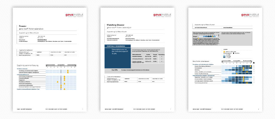 Bei der Auswertung zum geva-test® Potenzialanalyse ist auch die Erstellung eines Matching-Dossiers möglich